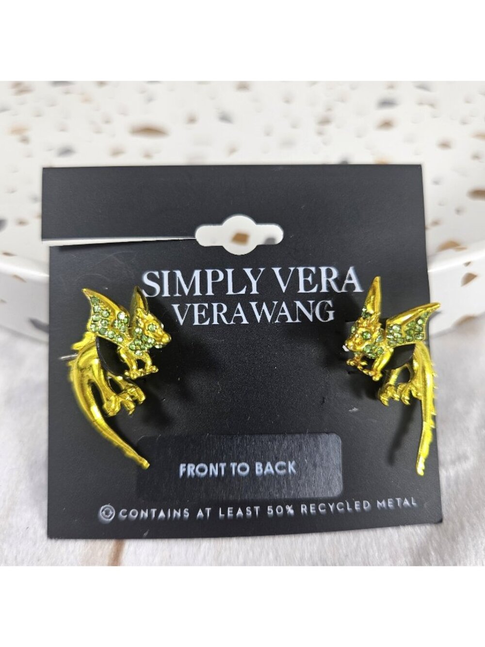 Simply Vera Vera Wang Yellow Tone Dragon Earrings New on Card NOC Fantasy Goth